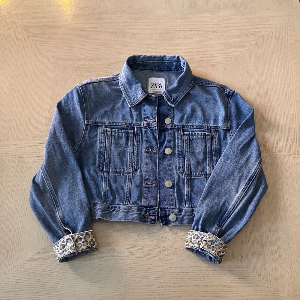 Zara Blue Denim Cropped Jean Jacket with Leopard Cuff Detail